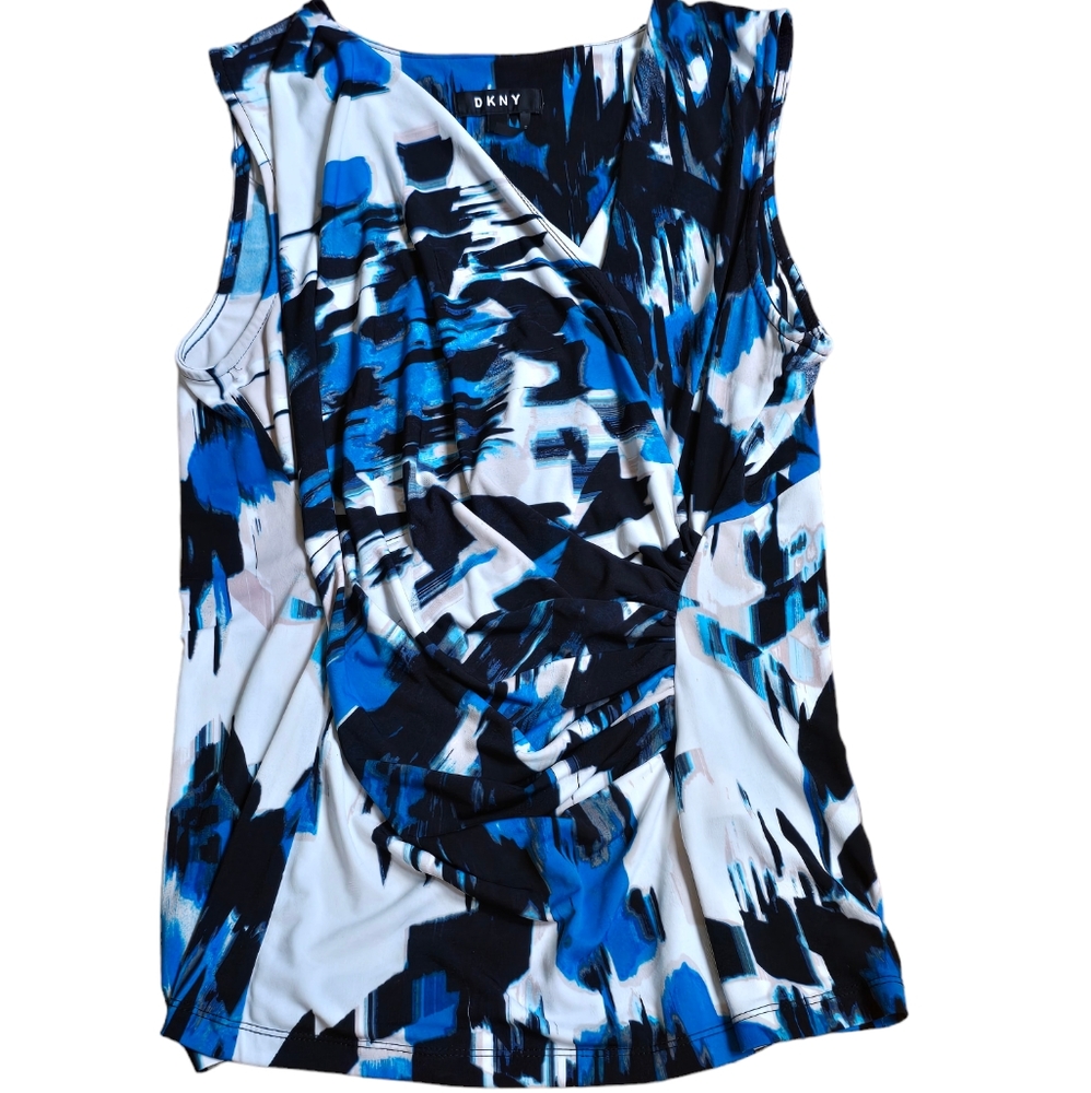 DKNY Sleeveless Top Side Ruched White, Blue, Black Tan Size M Excellent Cond